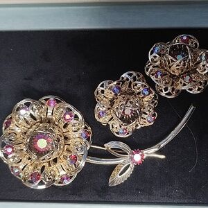 Vintage Sarah Coventry Aurora Borealis Rhinestone Flower Brooch & Earring Set